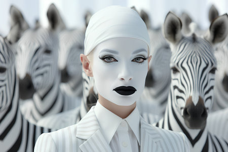 3d rendering of a female robot in a white suit surrounded by zebrasの素材