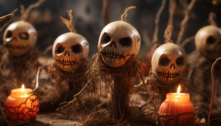 Halloween still life with pumpkins and candles on wooden background.の素材