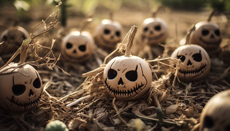 Halloween concept. Halloween pumpkins with scary faces in the fieldの素材