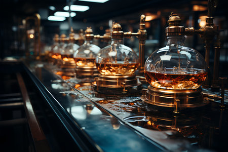 Glass bottles with brandy on the bar counter. Toned.の素材