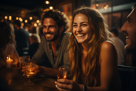 Group of friends having fun at a bar, drinking wine and talking.の素材