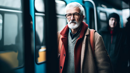 Portrait of a senior man wearing coat and glasses standing in the subway.の素材