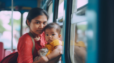 Mother and baby traveling by train. Mom and baby in train.の素材