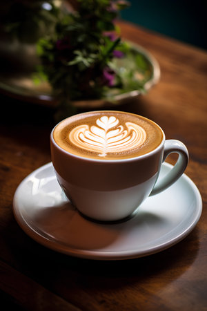 Coffee cup with latte art on the wooden table.の素材
