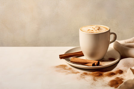 Cappuccino or latte coffee in white cup with cinnamon sticks and cocoa powder on beige background. Square imageの素材