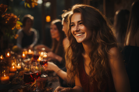 Portrait of a beautiful young woman having a romantic dinner in a restaurant.の素材