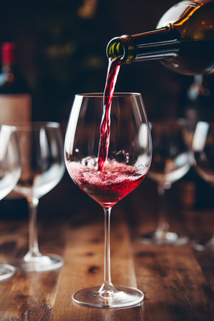 Red wine being poured into a wine glass on a wooden table.の素材