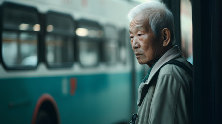 Old man traveling by bus in the city, vintage color tone.の素材