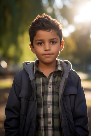Outdoor portrait of a cute little boy in the park at sunsetの素材