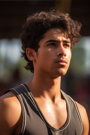 Portrait of a handsome young man with curly hair in sportswearの素材