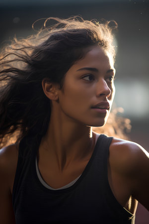 Portrait of a beautiful young woman in sportswear looking awayの素材