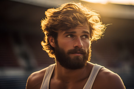 Handsome young man with long blond hair and beard looking at camera.の素材