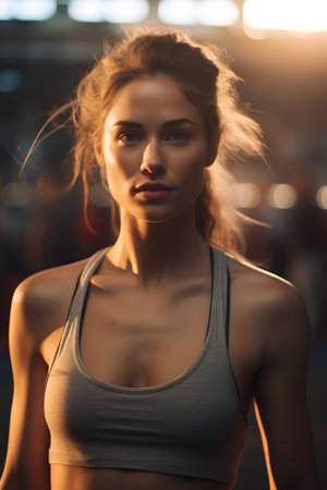 Portrait of a beautiful young woman in sportswear at the gymの素材