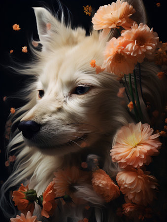 White fluffy dog with flowers on a black background. Studio shot.の素材