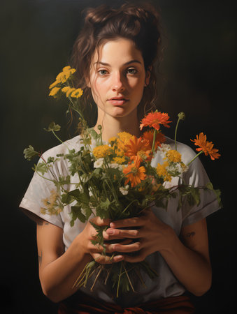 Portrait of a beautiful young woman with a bouquet of flowersの素材