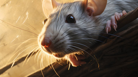 Cute gray rat on wooden background, closeup. Symbol of 2020.の素材
