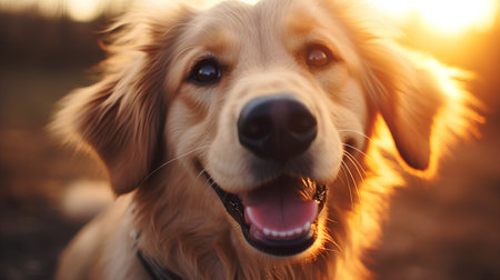 Portrait of a golden retriever dog in the sunset light.の素材