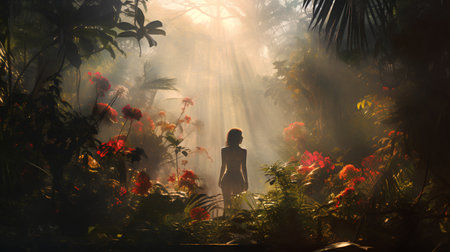 Woman in tropical rainforest. Fantasy forest with fog and sunlight.の素材