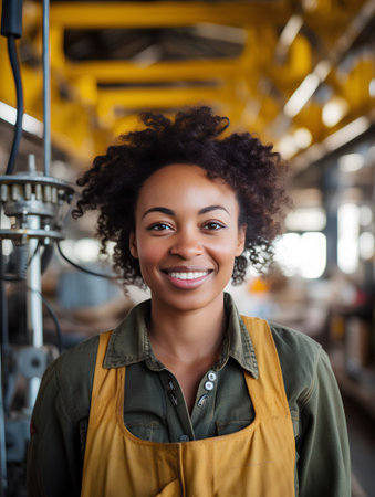 Portrait of young african american female factory worker smiling at cameraの素材