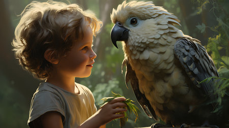 Little boy with a parrot in the forest. 3d renderingの素材