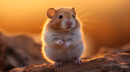 Hamster in the desert on a background of the setting sun.の素材