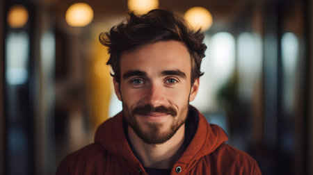 Portrait of a handsome young man with a beard in a red hoodie.の素材