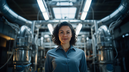 Portrait of young attractive businesswoman in blue shirt looking at camera and smiling while standing inside of modern breweryの素材