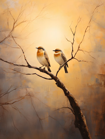 Two robin birds sitting on a tree branch. Abstract background.の素材