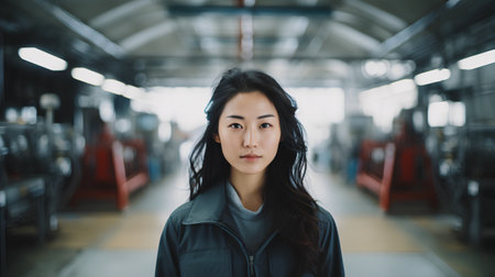 Portrait of a young asian woman in a train station.の素材