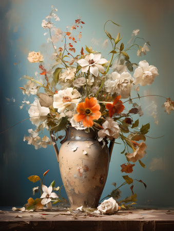 Bouquet of flowers in a vase on a wooden tableの素材