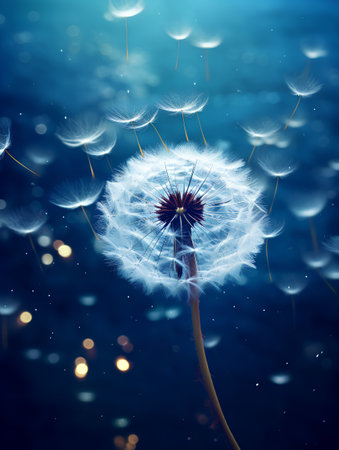 Dandelion with flying seeds on dark blue background. 3d renderingの素材
