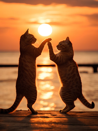 Two cats playing at sunset on the beach. Love and friendship concept.の素材