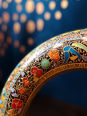 Wedding rings with ornament on blue background. 3d illustrationの素材