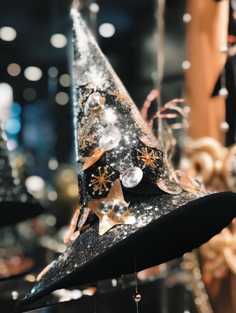 Close up of a black witch's hat in a shop window.の素材