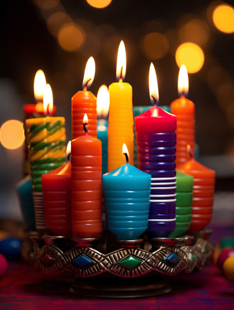 Colorful candles in the candlestick on a bokeh backgroundの素材