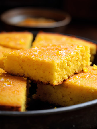 Homemade cornbread on a wooden table. Selective focus.の素材