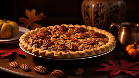 Pecan pie with pecans on a wooden background.の素材