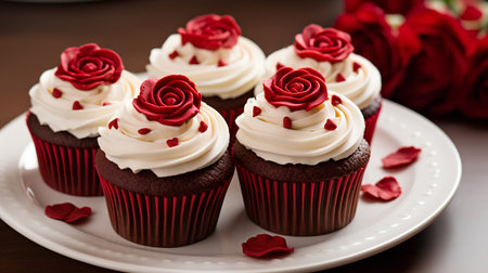Red velvet cupcakes with red roses on top. Shallow dof.の素材