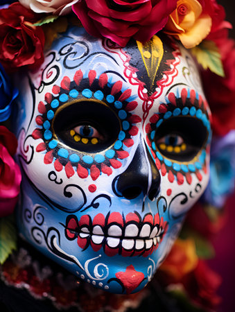 Day of The Dead sugar skull makeup close up. Traditional mexican celebration.の素材
