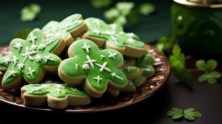 St. Patrick's Day cookies in the shape of a clover on a plateの素材