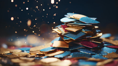 Christmas tree made of gold and blue confetti on bokeh backgroundの素材