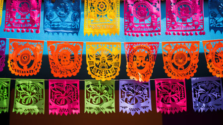 Colorful paper lanterns in the shape of a skull and crossbonesの素材