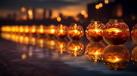 Burning candle in the shape of a heart with blurred city backgroundの素材