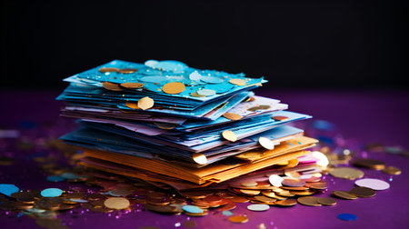 Heap of gold coins and banknotes on a dark background.の素材