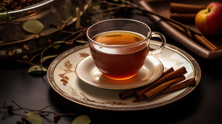 Cup of tea with cinnamon sticks and anise on a wooden tableの素材
