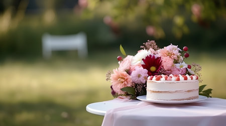 Wedding cake with flowers on a table in the garden.の素材