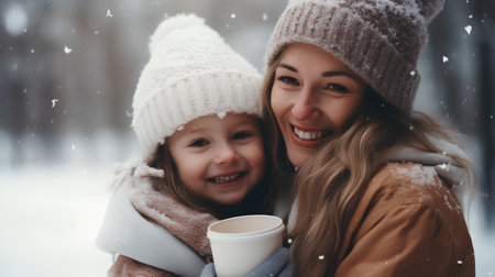 Happy mother and daughter in winter clothes with a cup of hot drink.の素材