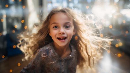 Portrait of a cute little girl with long blond curly hair.の素材