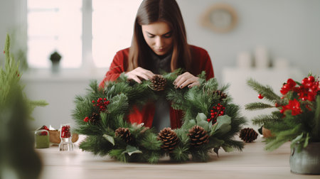 Beautiful young woman making christmas wreath in modern kitchen.の素材