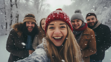 Group of friends taking selfie with smart phone in snowy forest in winterの素材